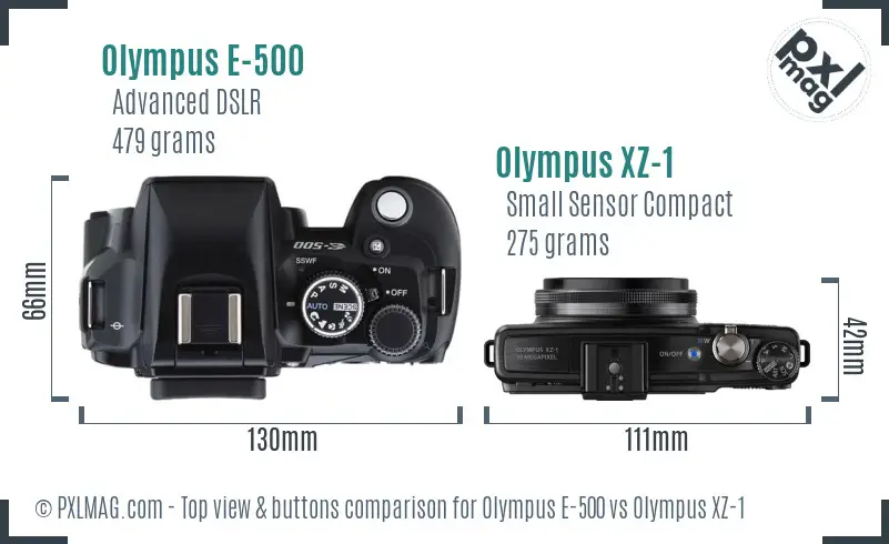 Olympus E-500 vs Olympus XZ-1 top view buttons comparison
