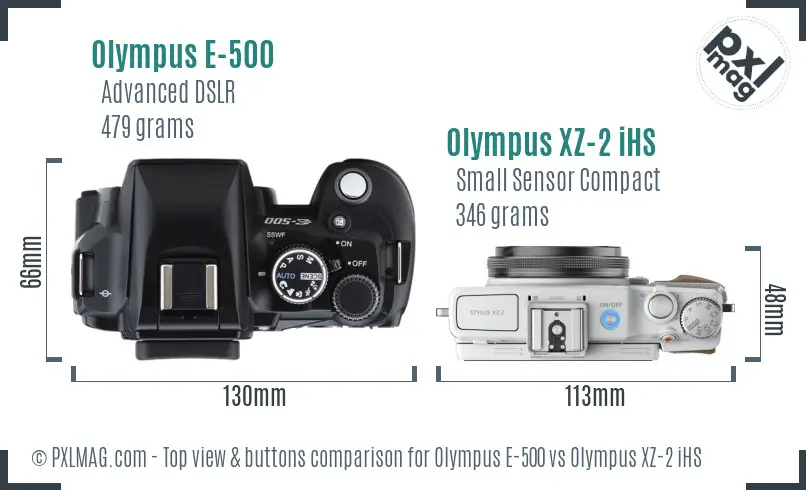 Olympus E-500 vs Olympus XZ-2 iHS top view buttons comparison