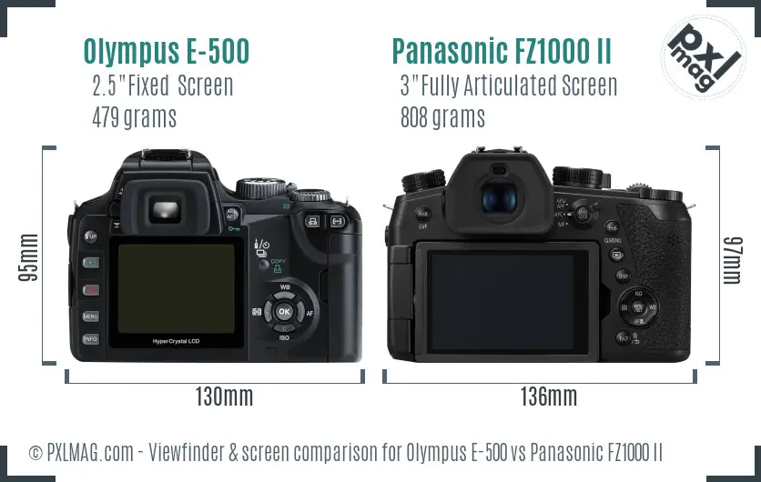 Olympus E-500 vs Panasonic FZ1000 II Screen and Viewfinder comparison