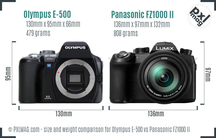 Olympus E-500 vs Panasonic FZ1000 II size comparison