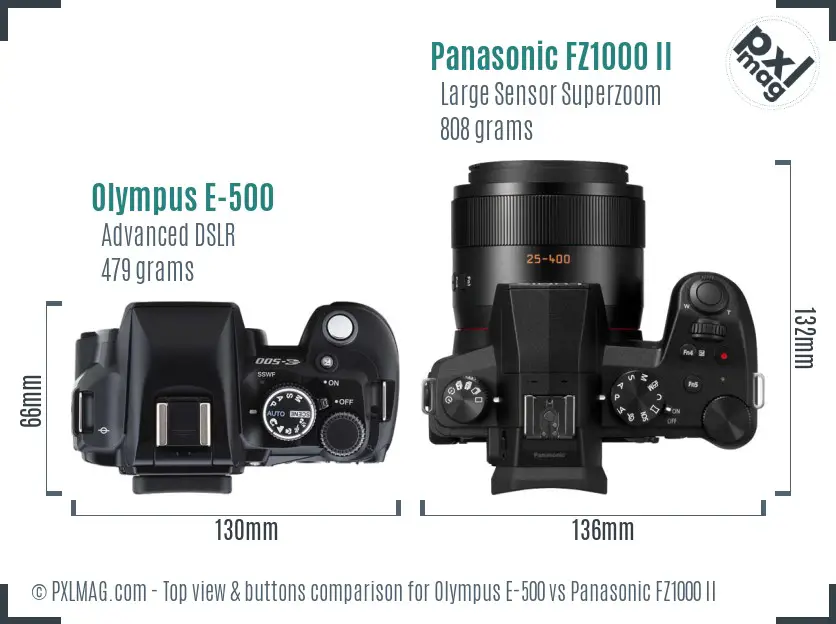 Olympus E-500 vs Panasonic FZ1000 II top view buttons comparison
