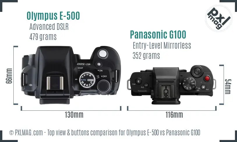 Olympus E-500 vs Panasonic G100 top view buttons comparison