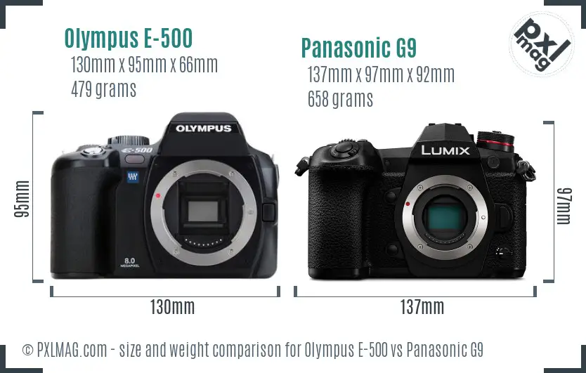 Olympus E-500 vs Panasonic G9 size comparison