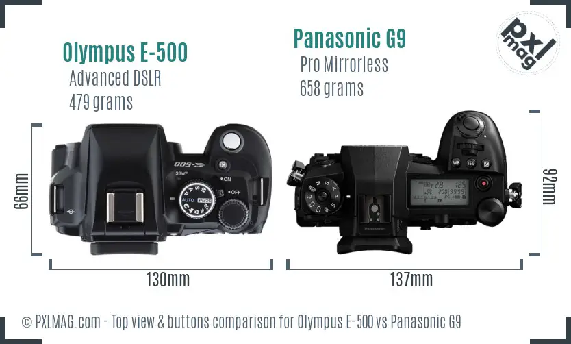 Olympus E-500 vs Panasonic G9 top view buttons comparison