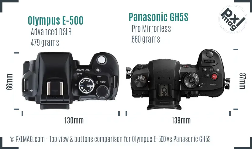 Olympus E-500 vs Panasonic GH5S top view buttons comparison
