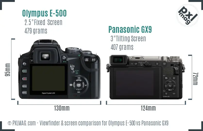 Olympus E-500 vs Panasonic GX9 Screen and Viewfinder comparison