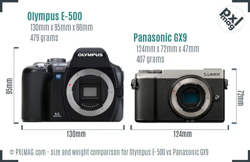 Olympus E-500 vs Panasonic GX9 size comparison