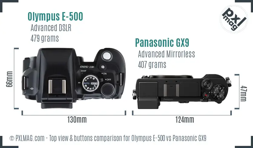 Olympus E-500 vs Panasonic GX9 top view buttons comparison