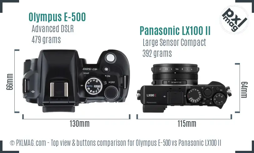 Olympus E-500 vs Panasonic LX100 II top view buttons comparison
