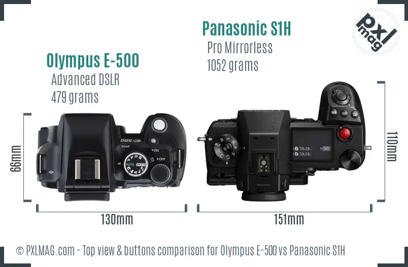 Olympus E-500 vs Panasonic S1H top view buttons comparison