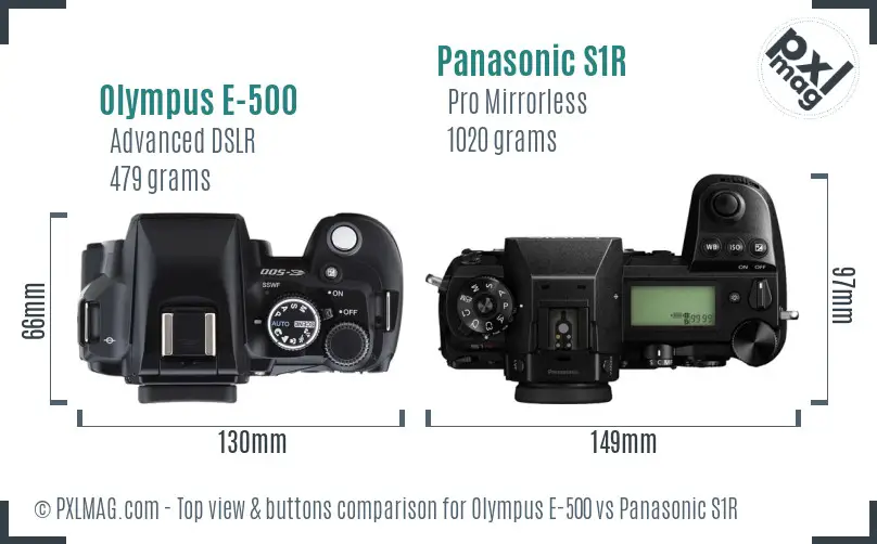 Olympus E-500 vs Panasonic S1R top view buttons comparison