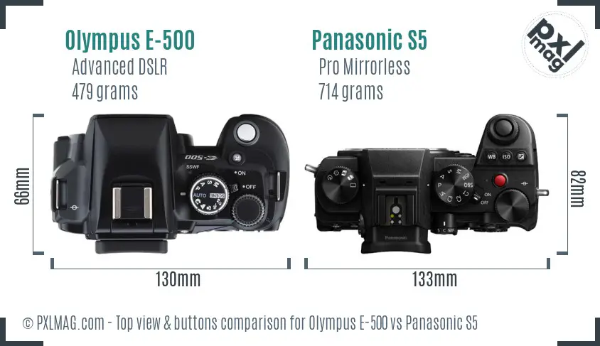 Olympus E-500 vs Panasonic S5 top view buttons comparison