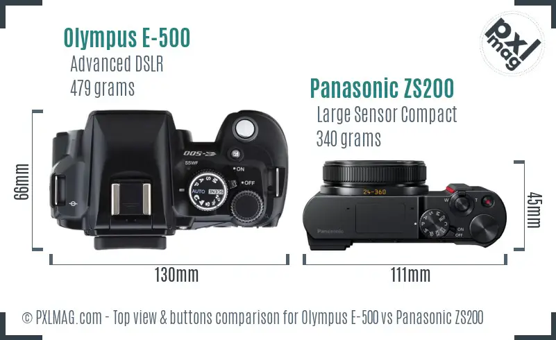 Olympus E-500 vs Panasonic ZS200 top view buttons comparison