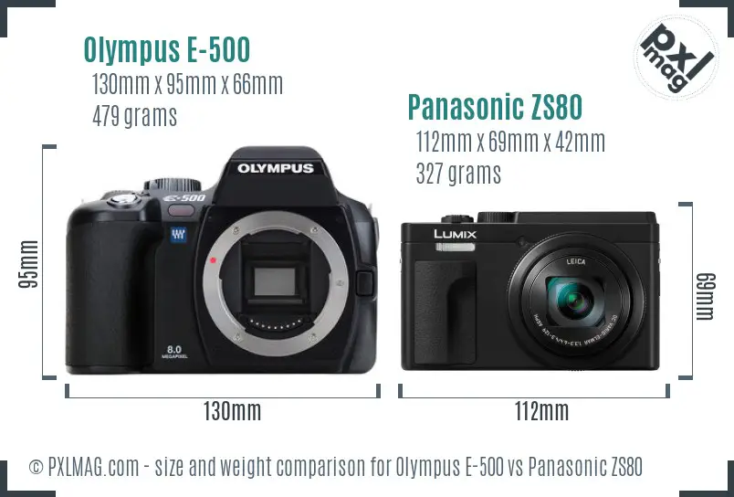 Olympus E-500 vs Panasonic ZS80 size comparison