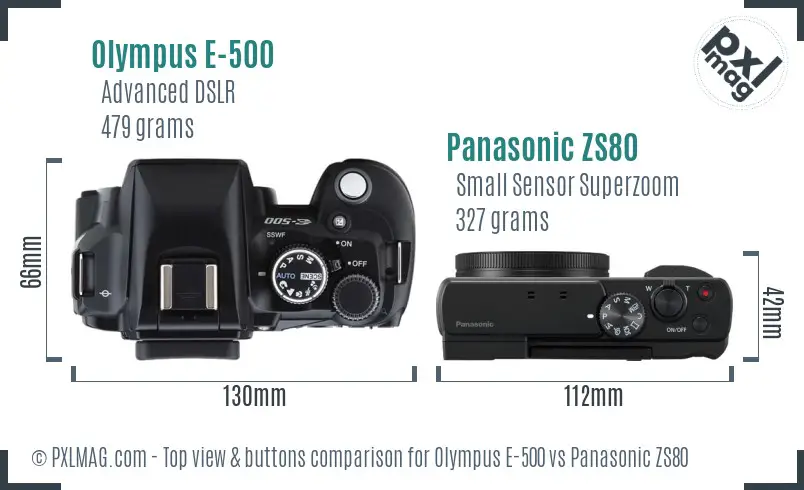 Olympus E-500 vs Panasonic ZS80 top view buttons comparison