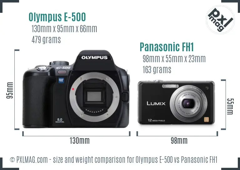 Olympus E-500 vs Panasonic FH1 size comparison