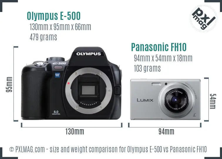 Olympus E-500 vs Panasonic FH10 size comparison