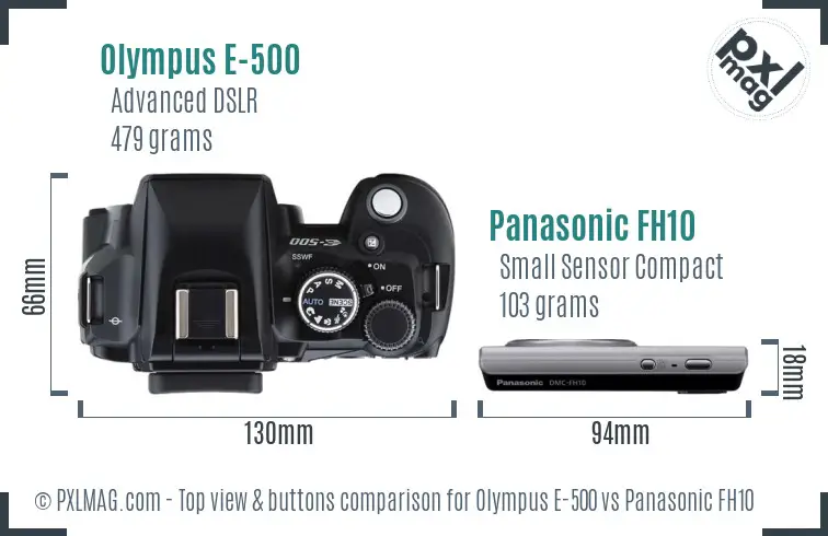 Olympus E-500 vs Panasonic FH10 top view buttons comparison