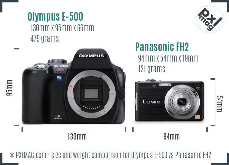 Olympus E-500 vs Panasonic FH2 size comparison