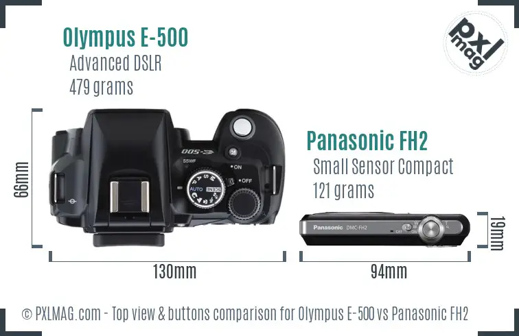Olympus E-500 vs Panasonic FH2 top view buttons comparison