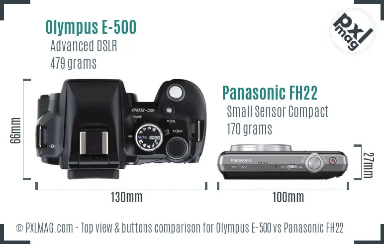 Olympus E-500 vs Panasonic FH22 top view buttons comparison