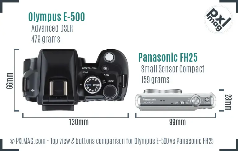 Olympus E-500 vs Panasonic FH25 top view buttons comparison