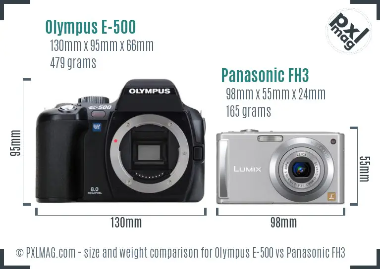 Olympus E-500 vs Panasonic FH3 size comparison