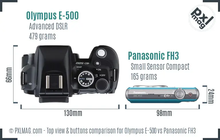 Olympus E-500 vs Panasonic FH3 top view buttons comparison