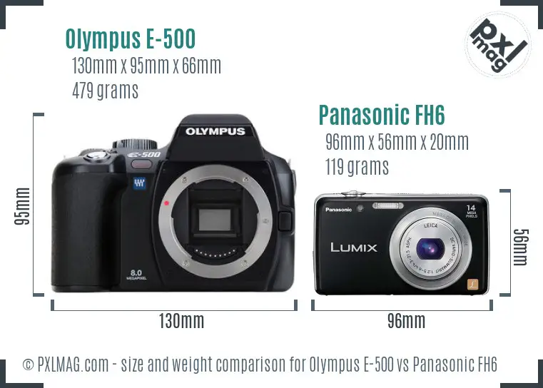 Olympus E-500 vs Panasonic FH6 size comparison