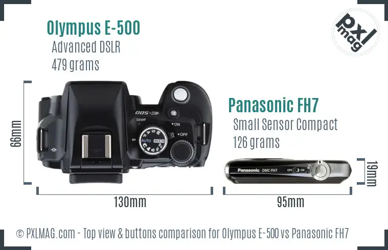 Olympus E-500 vs Panasonic FH7 top view buttons comparison