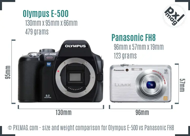 Olympus E-500 vs Panasonic FH8 size comparison