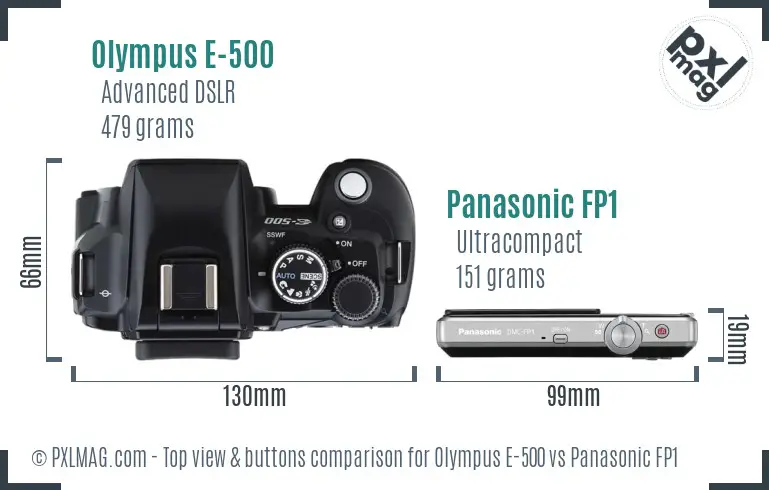 Olympus E-500 vs Panasonic FP1 top view buttons comparison