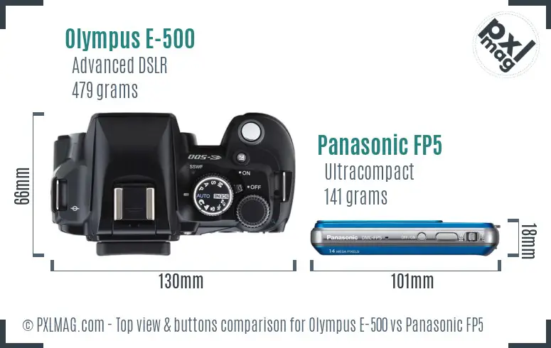 Olympus E-500 vs Panasonic FP5 top view buttons comparison