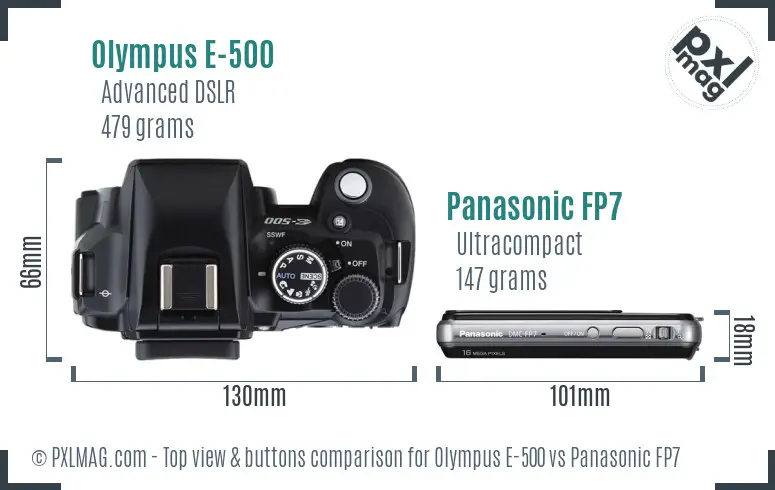 Olympus E-500 vs Panasonic FP7 top view buttons comparison