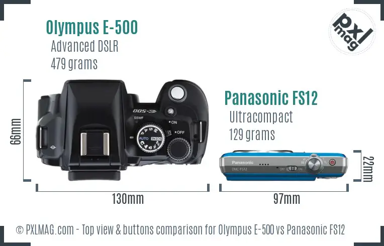 Olympus E-500 vs Panasonic FS12 top view buttons comparison