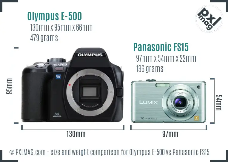Olympus E-500 vs Panasonic FS15 size comparison