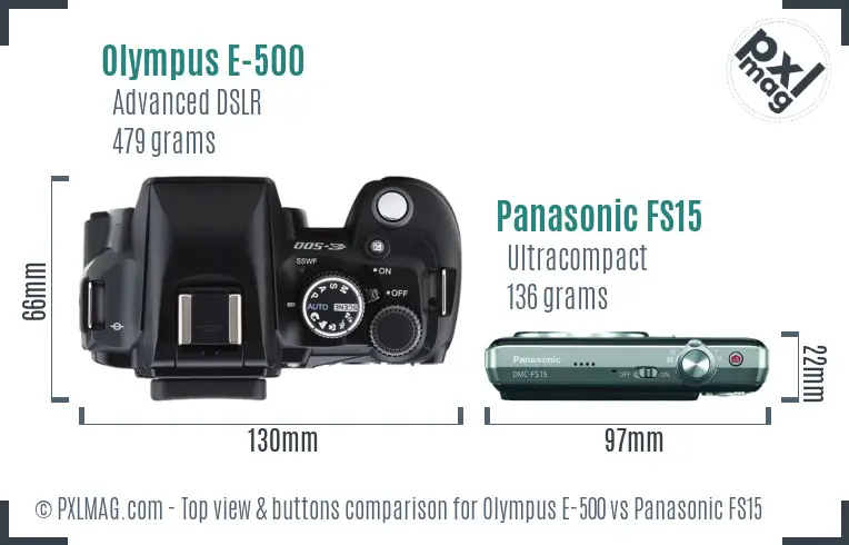 Olympus E-500 vs Panasonic FS15 top view buttons comparison
