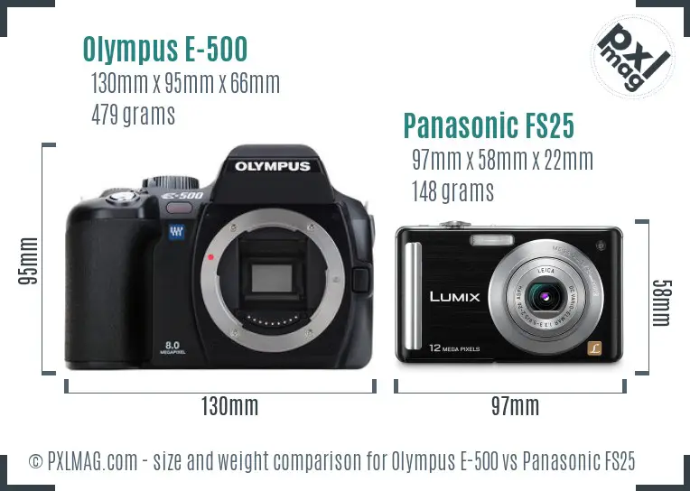 Olympus E-500 vs Panasonic FS25 size comparison
