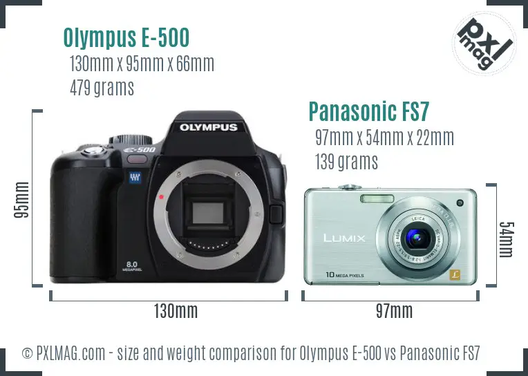 Olympus E-500 vs Panasonic FS7 size comparison