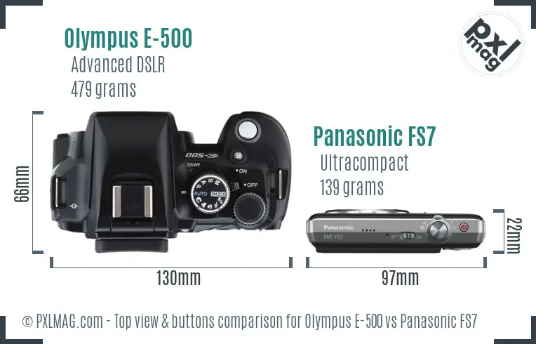 Olympus E-500 vs Panasonic FS7 top view buttons comparison