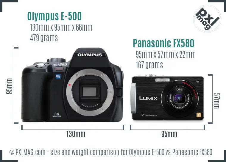 Olympus E-500 vs Panasonic FX580 size comparison