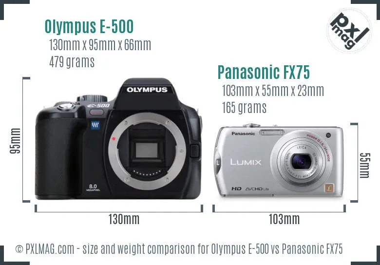 Olympus E-500 vs Panasonic FX75 size comparison