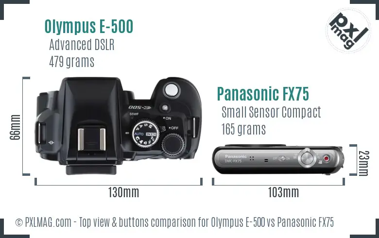 Olympus E-500 vs Panasonic FX75 top view buttons comparison