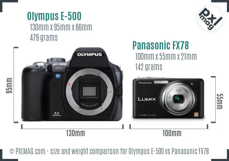 Olympus E-500 vs Panasonic FX78 size comparison