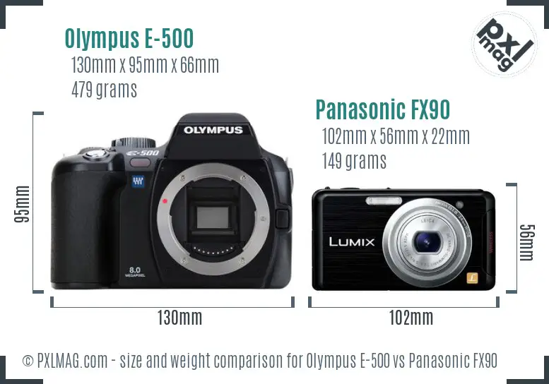 Olympus E-500 vs Panasonic FX90 size comparison