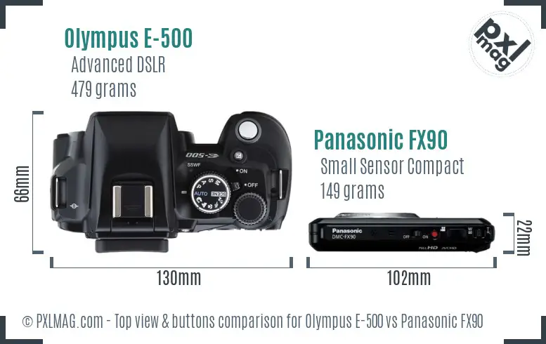 Olympus E-500 vs Panasonic FX90 top view buttons comparison