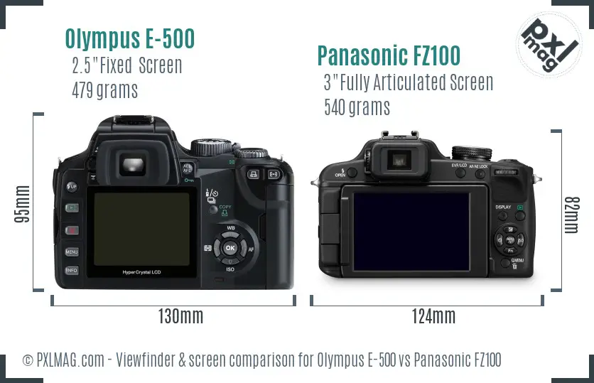 Olympus E-500 vs Panasonic FZ100 Screen and Viewfinder comparison