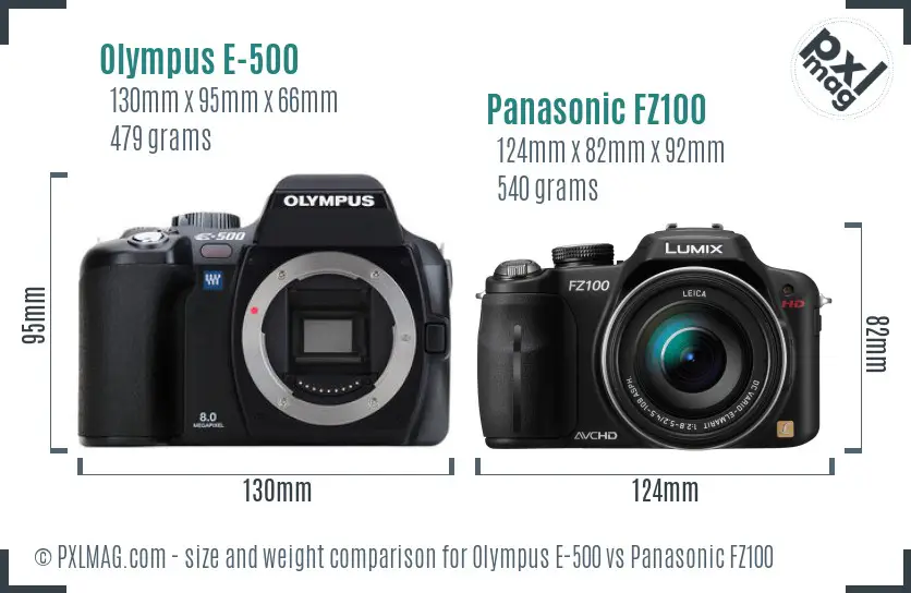 Olympus E-500 vs Panasonic FZ100 size comparison