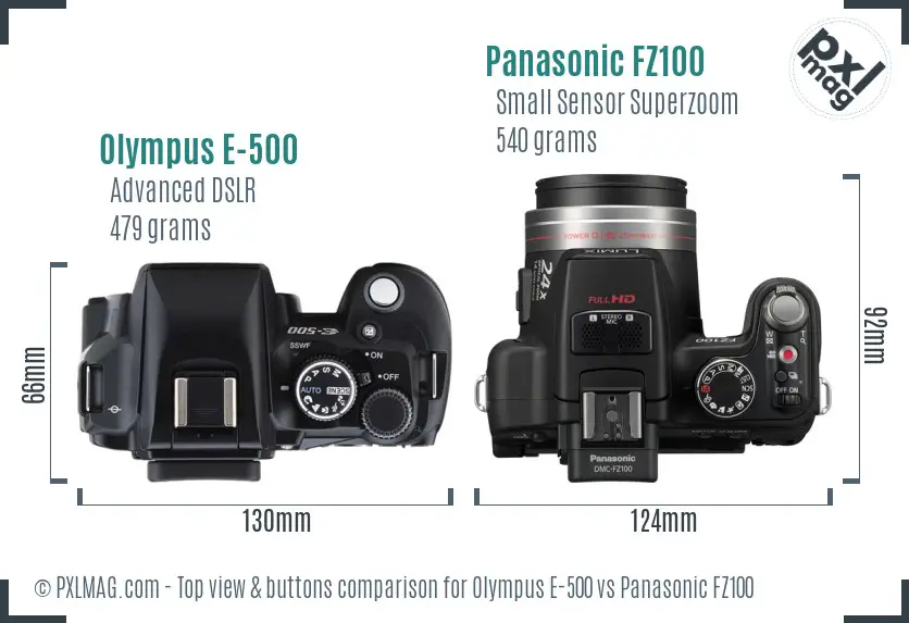 Olympus E-500 vs Panasonic FZ100 top view buttons comparison