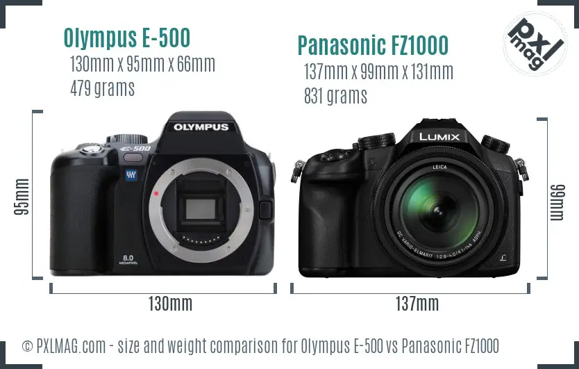 Olympus E-500 vs Panasonic FZ1000 size comparison